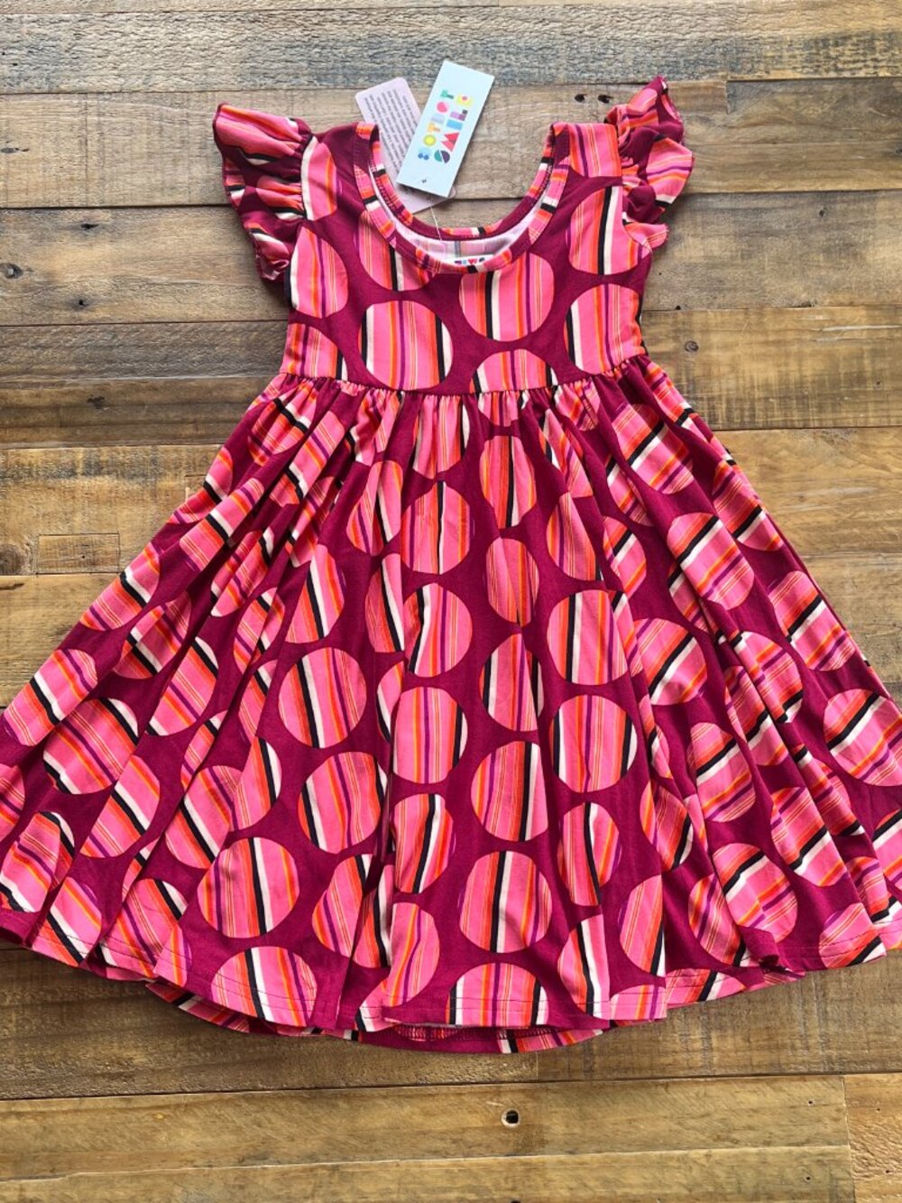 NWT Dot Dot Smile Flutter Sleeve Twirl Dress Pink Striped Circles Magenta 3/4